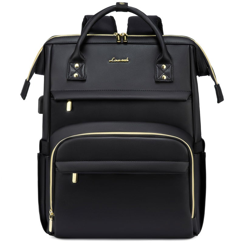 LOVEVOOK Leather Laptop Backpack for Women 17 inch Travel Backpack Purse Nurse Teacher Backpack Computer Laptop Bag Professional College Business Work Bags Carry On Backpack with USB Port Black - Image 1